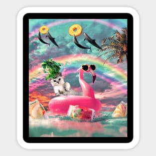 Cute Rainbow Cat On Flamingo With Dolphin Sticker